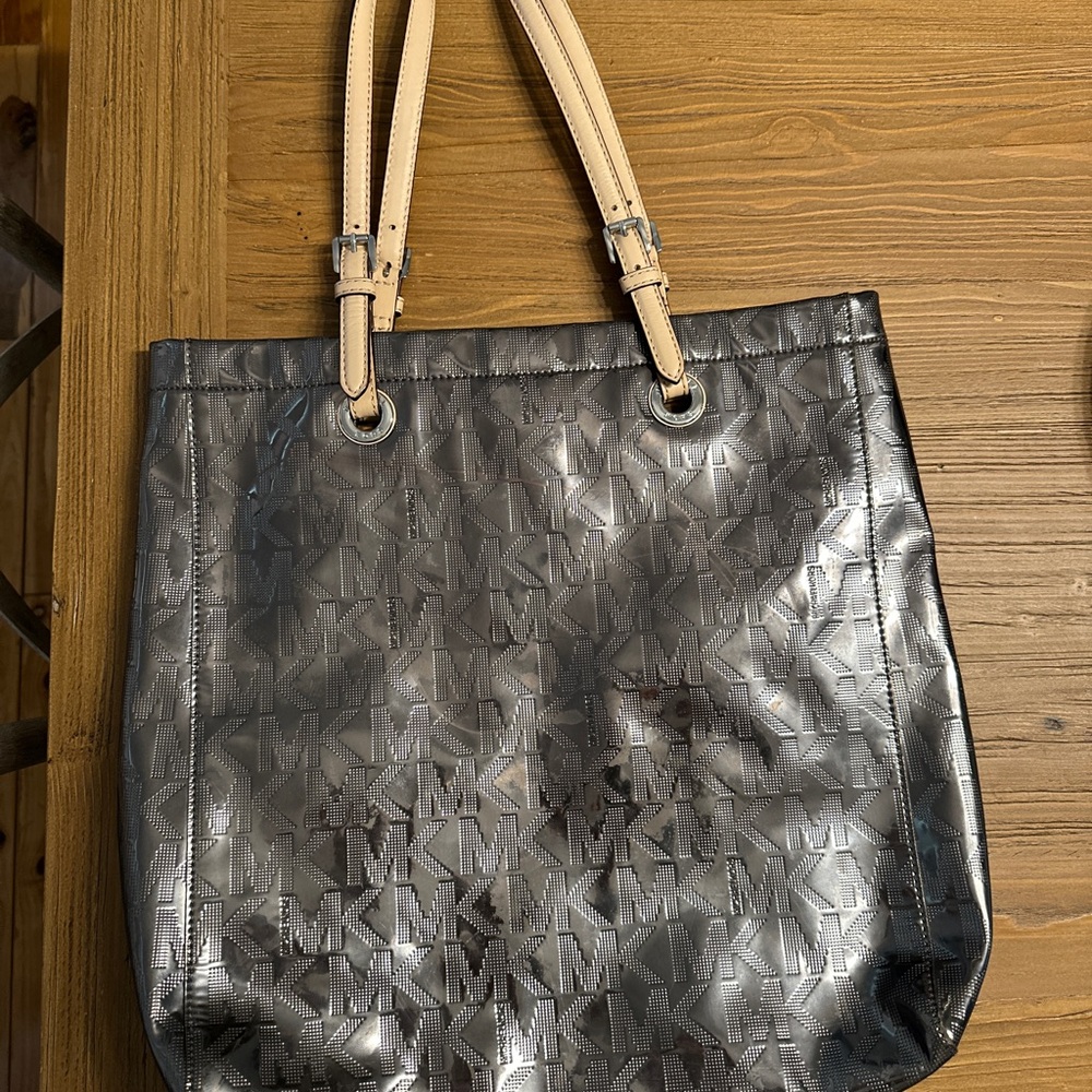 Michael Kors Stylish Metallic Dark Silver Tote Bag